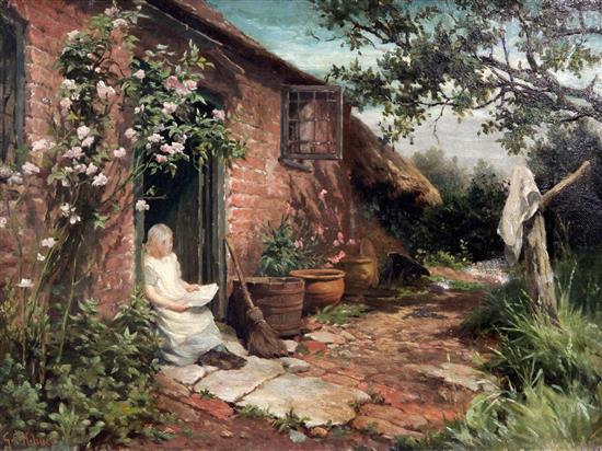George Augustus Holmes (1822-1911) Seated girl in a cottage doorway, 12 x 16in.